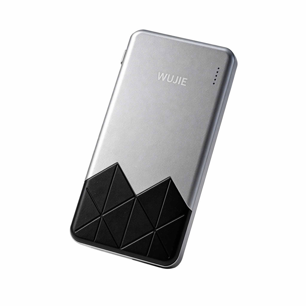 English Description: This silver power bank features a two-tone design with a diamond-patterned black section and a silver base bearing the "WUJIE" logo. Equipped with USB-A, Type-C ports and a power indicator, its clean layout and contrast offer a modern, tech-savvy look, representing a reliable portable charging companion.