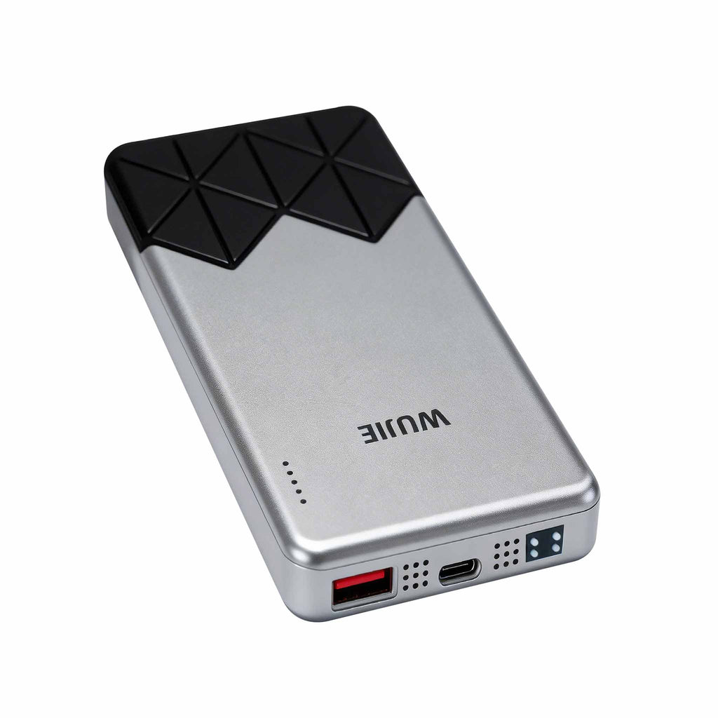 Featuring a geometric triangular pattern, this silver "WUJIE" power bank combines multiple ports and an LED battery indicator in a minimalist design, delivering reliable portable charging for your devices.